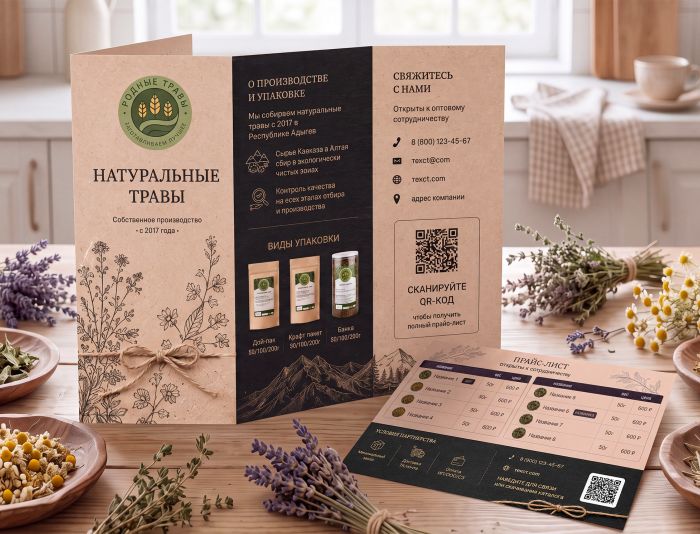 Буклет + прайс-вкладыш для бренда «Родные травы - дизайнер Ekalinovskaya